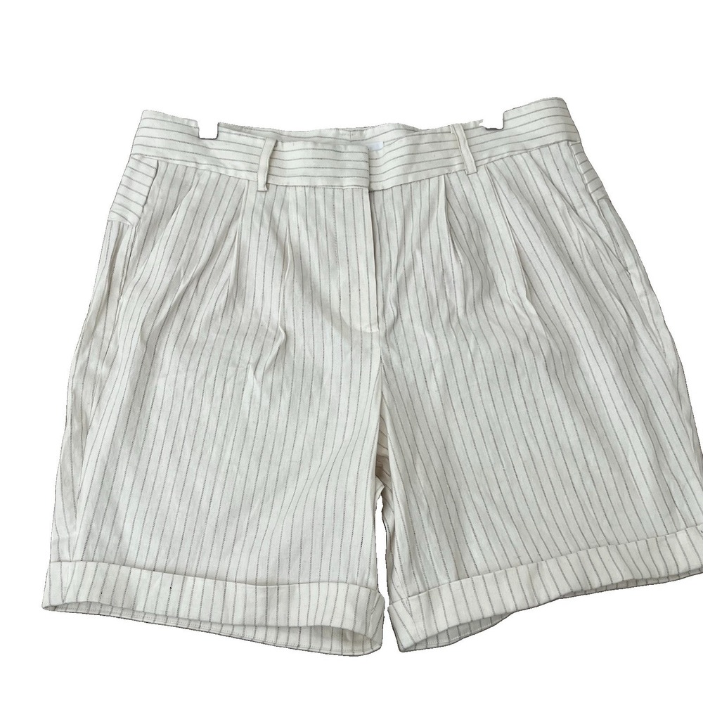 NEW Frame Pleated Cuff Linen Blend Twill Blanc Multi Pinstriped Shorts 8